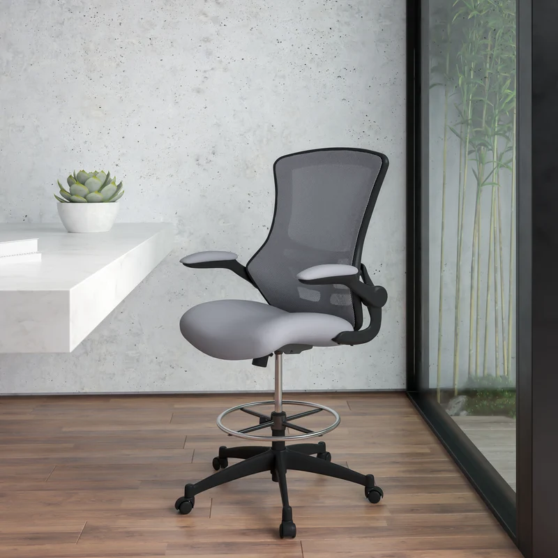Mid-Back Mesh Ergonomic Drafting Chair with Foot Ring and Flip-Up Arms