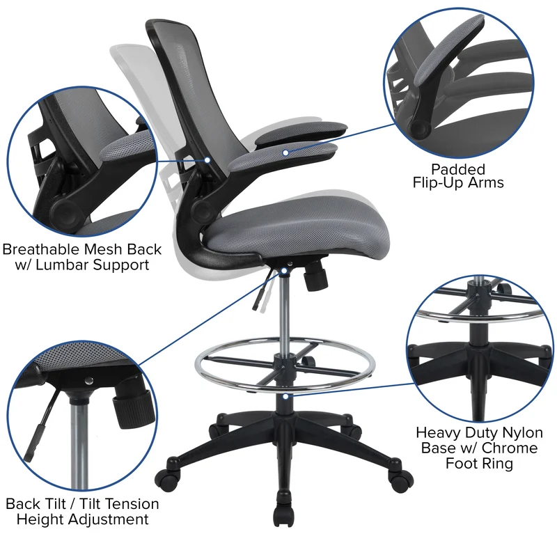 Mid-Back Mesh Ergonomic Drafting Chair with Foot Ring and Flip-Up Arms