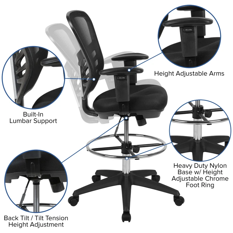 Mid-Back Mesh Adjustable Ergonomic Drafting Chair, Task Chair