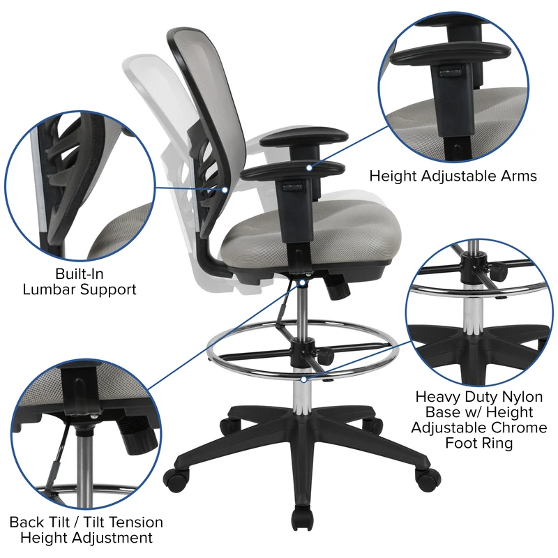 Mid-Back Mesh Adjustable Ergonomic Drafting Chair, Task Chair