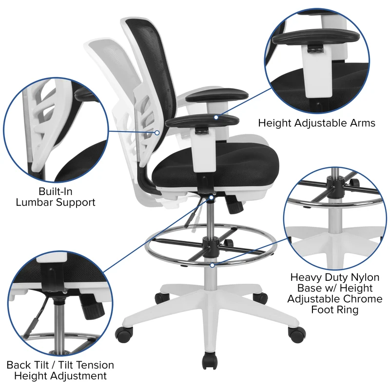Mid-Back Mesh Adjustable Ergonomic Drafting Chair, Task Chair