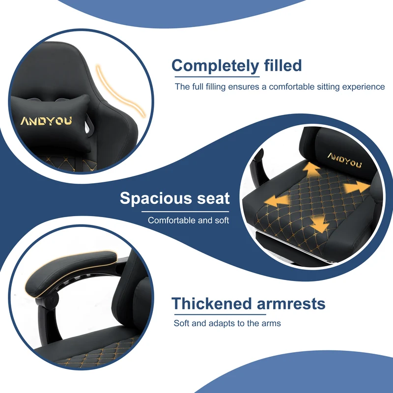 ANDYOU (Upgraded from SYMINO): Ergonomic PU Leather Racing Style Gaming Chair - Comfortable and Adjustable, Black
