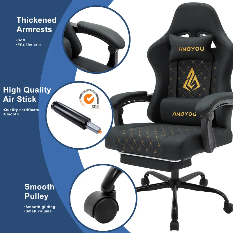 ANDYOU (Upgraded from SYMINO): Ergonomic PU Leather Racing Style Gaming Chair - Comfortable and Adjustable, Black