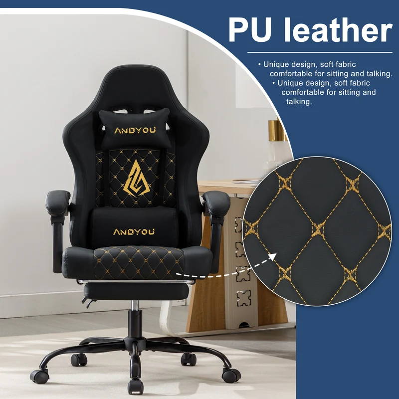 ANDYOU (Upgraded from SYMINO): Ergonomic PU Leather Racing Style Gaming Chair - Comfortable and Adjustable, Black