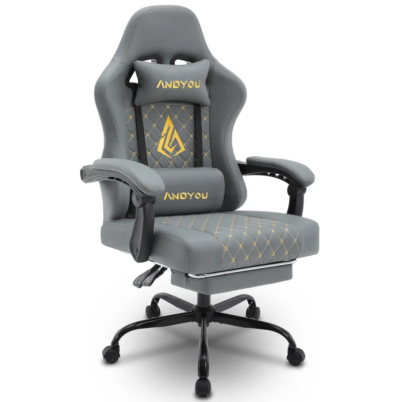 ANDYOU (Upgraded from SYMINO): Ergonomic PU Leather Racing Style Gaming Chair - Comfortable and Adjustable, Grey