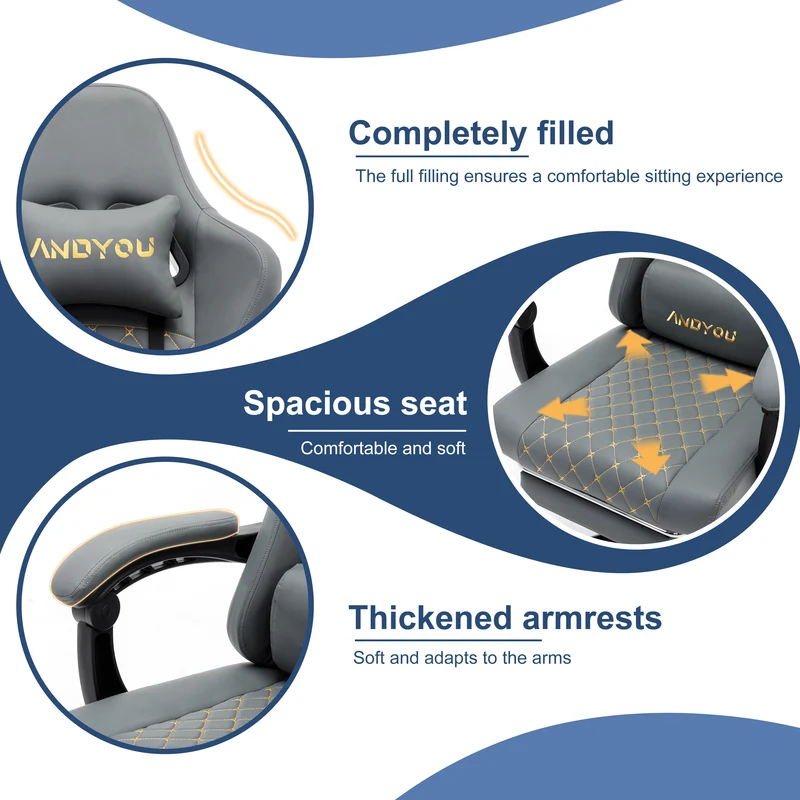 ANDYOU (Upgraded from SYMINO): Ergonomic PU Leather Racing Style Gaming Chair - Comfortable and Adjustable, Grey