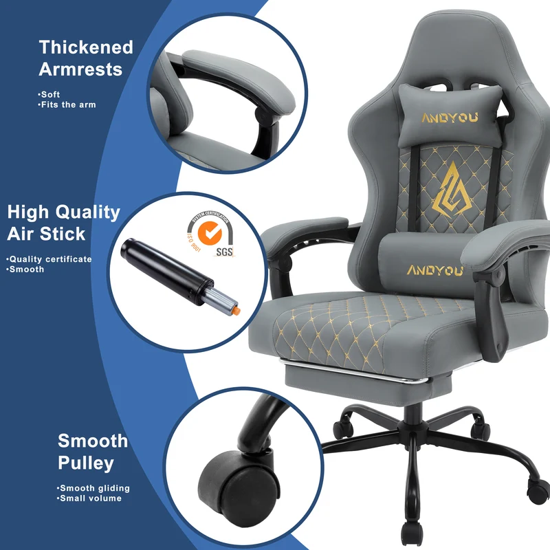 ANDYOU (Upgraded from SYMINO): Ergonomic PU Leather Racing Style Gaming Chair - Comfortable and Adjustable, Grey
