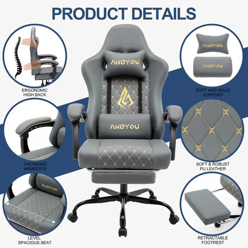 ANDYOU (Upgraded from SYMINO): Ergonomic PU Leather Racing Style Gaming Chair - Comfortable and Adjustable, Grey