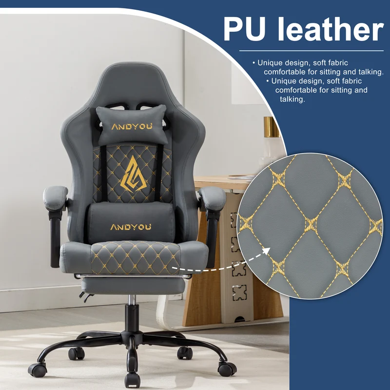 ANDYOU (Upgraded from SYMINO): Ergonomic PU Leather Racing Style Gaming Chair - Comfortable and Adjustable, Grey