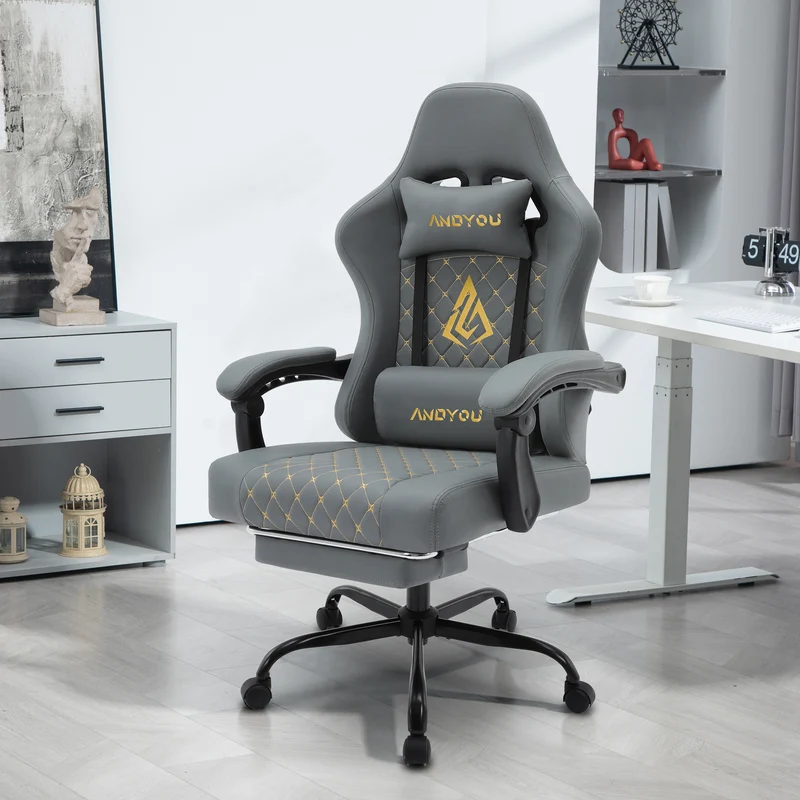 ANDYOU (Upgraded from SYMINO): Ergonomic PU Leather Racing Style Gaming Chair - Comfortable and Adjustable, Grey