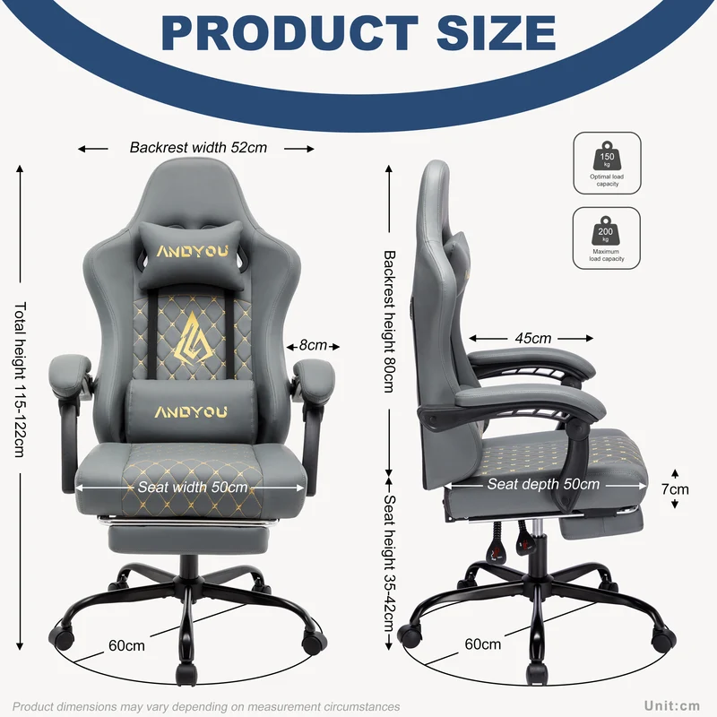 ANDYOU (Upgraded from SYMINO): Ergonomic PU Leather Racing Style Gaming Chair - Comfortable and Adjustable, Grey