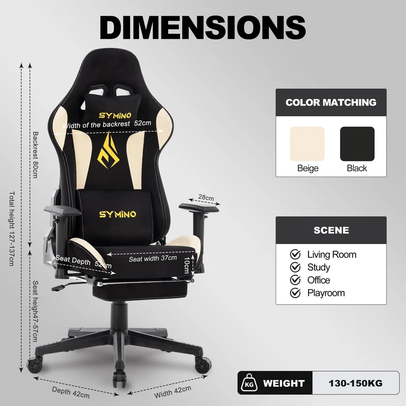 SYMINO Breathable Gaming Chair with Footrest, Height Adjustable & 360° Swivel BLACKBEIGE
