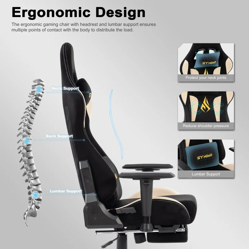 SYMINO Breathable Gaming Chair with Footrest, Height Adjustable & 360° Swivel BLACKBEIGE