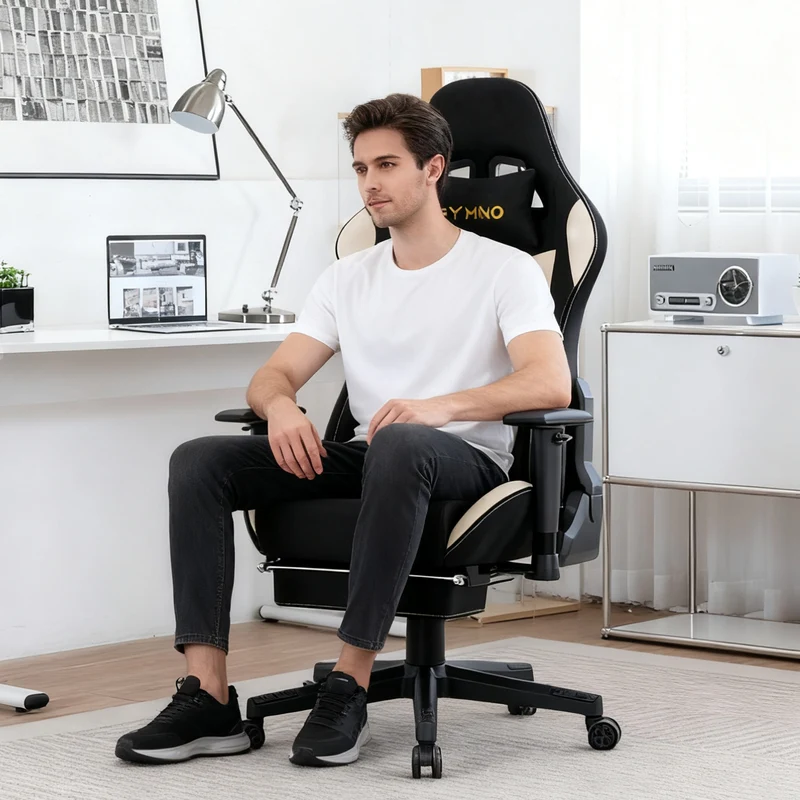 SYMINO Breathable Gaming Chair with Footrest, Height Adjustable & 360° Swivel BLACKBEIGE