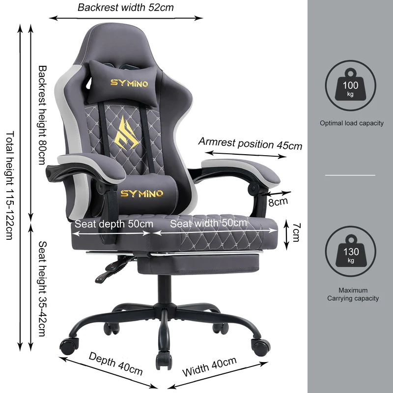 SYMINO Ergonomic PU Leather Racing Style Gaming Chair - Comfortable and Adjustable, Dark Grey