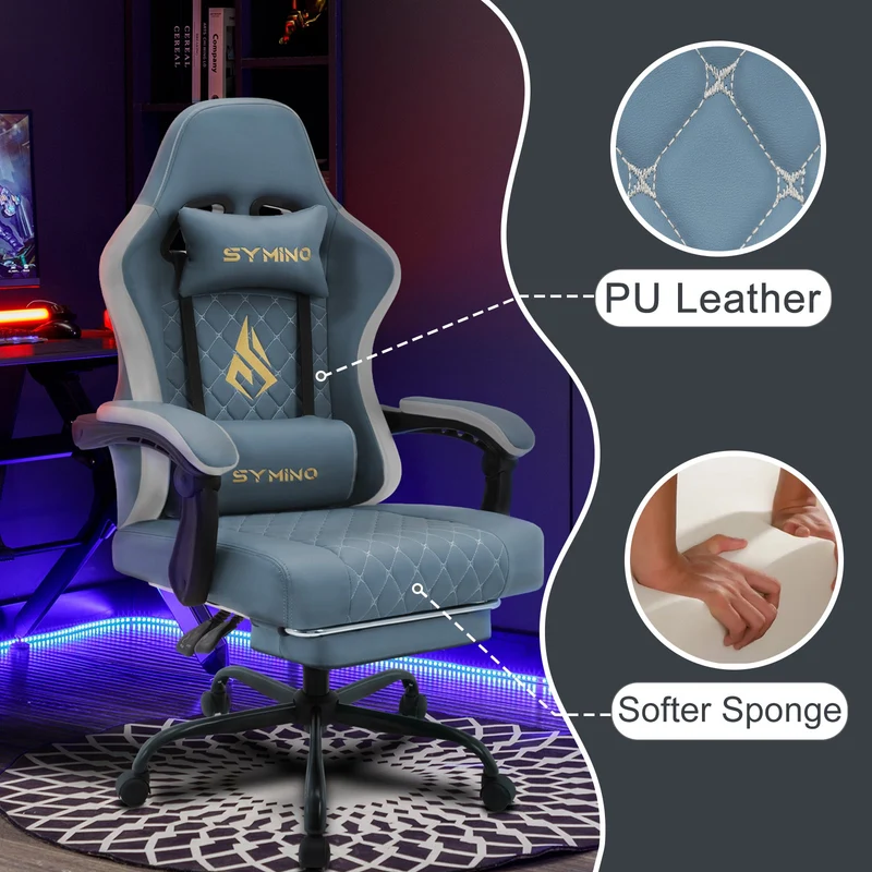 SYMINO Ergonomic PU Leather Racing Style Gaming Chair - Comfortable and Adjustable, DLight Blue