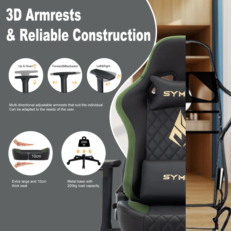 SYMINO Ergonomic Gaming Chair, PU Leather - Black Grass Green, Retro-Style