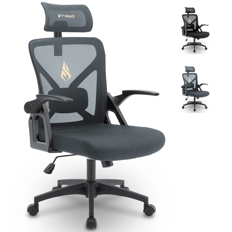 SYMINO (Upgraded Version) Faux Fur & Mesh Office Chair with Swivel and Rocking Function - Grey