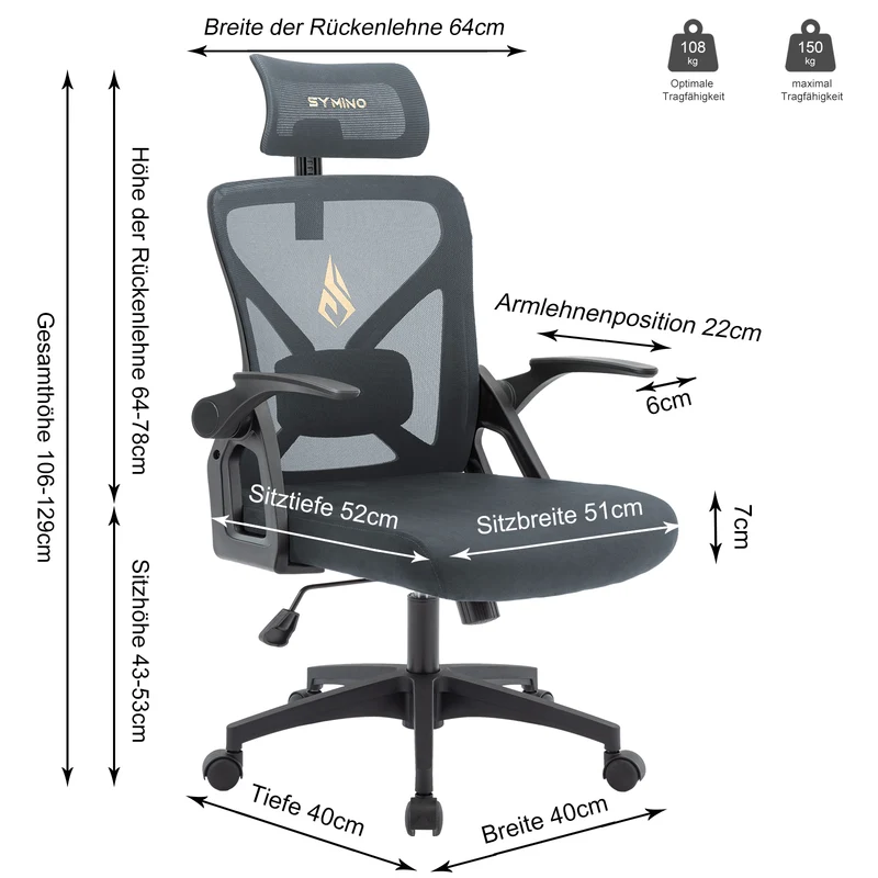 SYMINO (Upgraded Version) Faux Fur & Mesh Office Chair with Swivel and Rocking Function - Grey