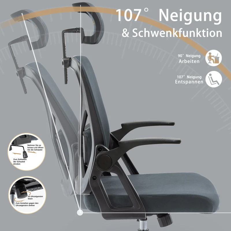 SYMINO (Upgraded Version) Faux Fur & Mesh Office Chair with Swivel and Rocking Function - Grey