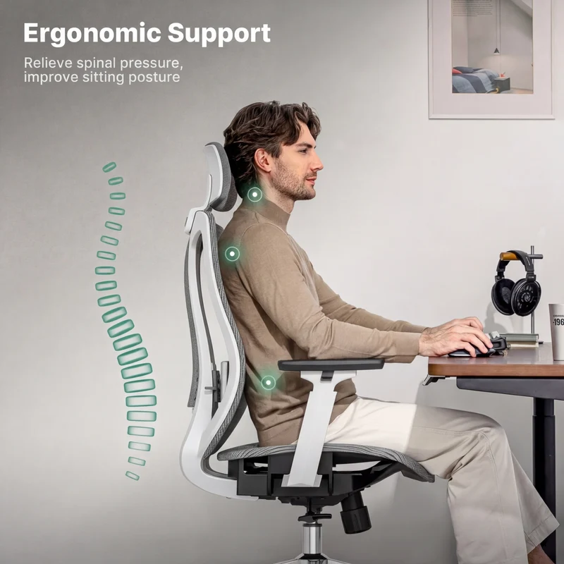 Logicfox Ergonomic Mesh Office Chair, Computer Desk Chair with 3D Armrests, Adjustable Lumbar Cushion and Adjustable Headrest, White High Back Home Office Chair with Tilt Function, Computer Chair
