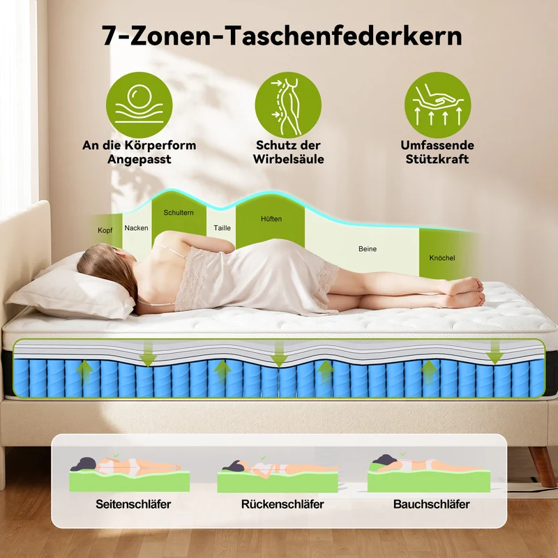Taschenfederkern-Matratze mit Memory-Schaum, 25 cm dicke Hybridmatratzen, mittlerer Härtegrad, Kantenstützung