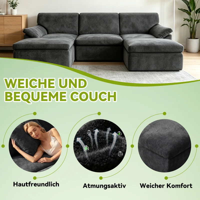 5-Sitzer U-Förmiges Ecksofa, Knochenlose Couch, Bequemes Modulares Sofa, Freie Kombination
