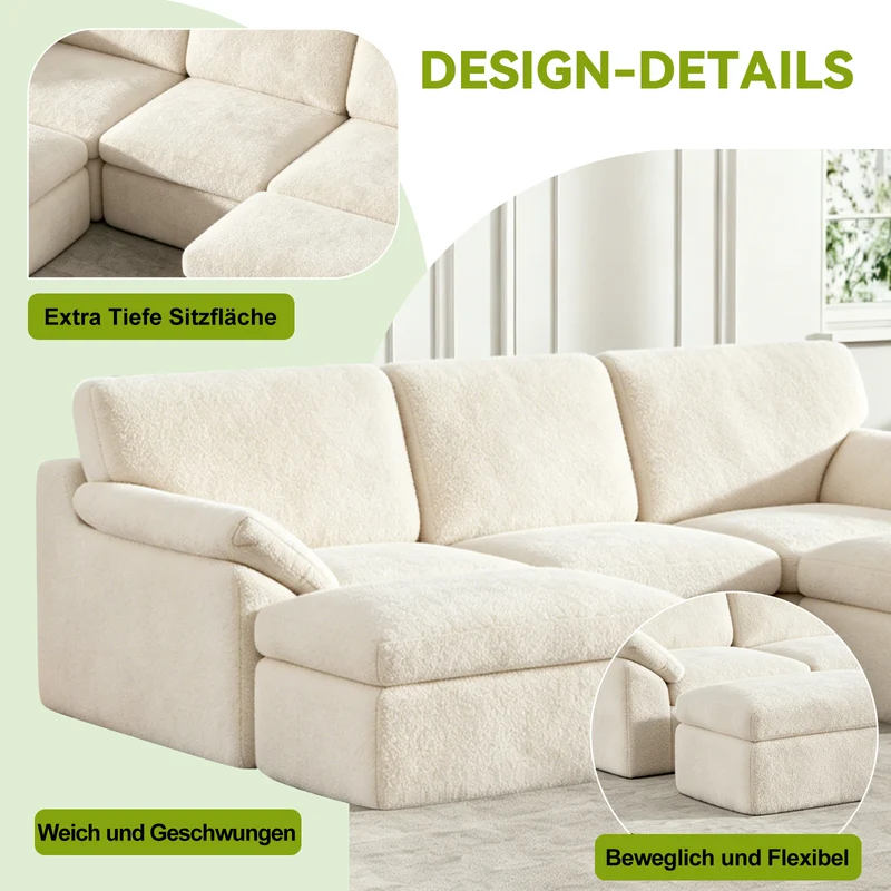 5-Sitzer U-Förmiges Ecksofa, Knochenlose Couch, Bequemes Modulares Sofa, Freie Kombination