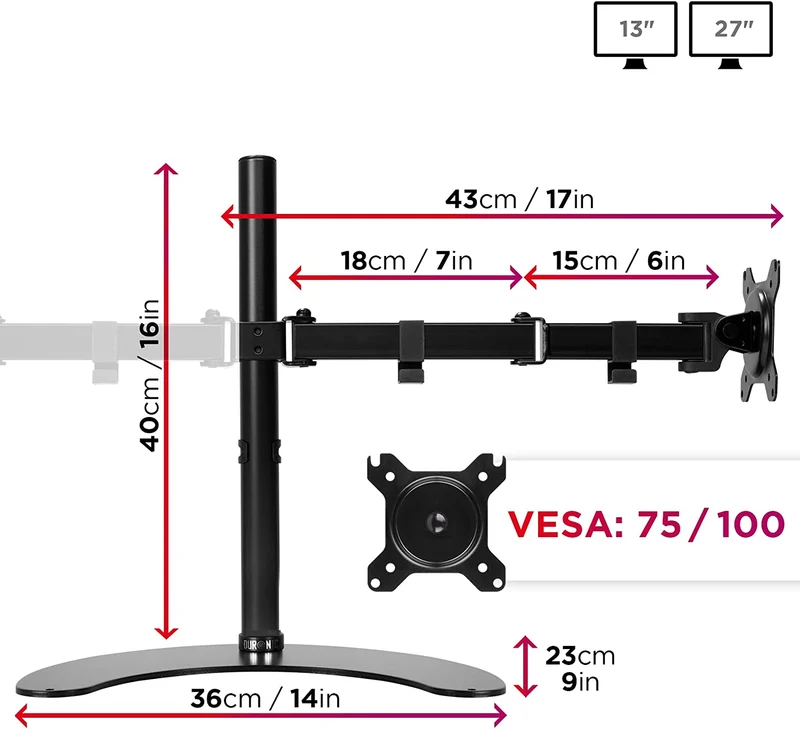Duronic DM15D2 Monitorarm | Standfuß für 27" Zoll Bildschirm | Höhenverstellbar | 8kg Belastbarkeit | VESA 75/100 | Neigungswinkel -90° +35° | Drehbar um 360° | Monitorständer aus Stahl | Pivot