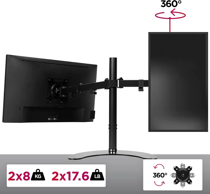 Duronic DM15D2 Monitorarm | Standfuß für 27" Zoll Bildschirm | Höhenverstellbar | 8kg Belastbarkeit | VESA 75/100 | Neigungswinkel -90° +35° | Drehbar um 360° | Monitorständer aus Stahl | Pivot
