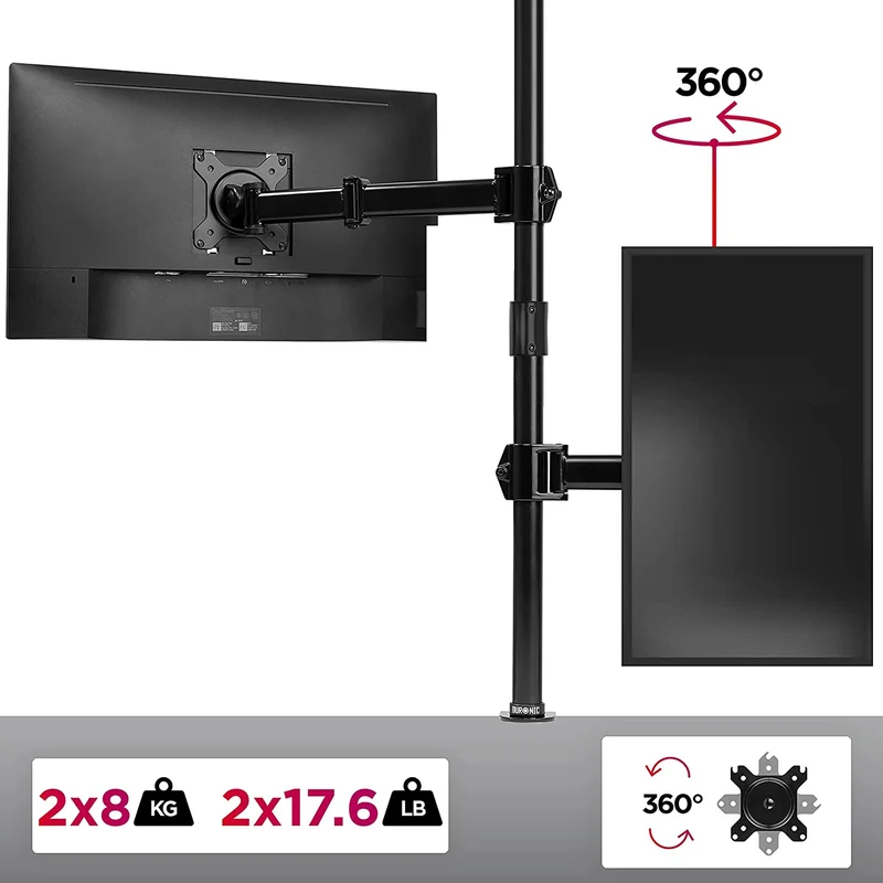 Duronic DMT252VX2 Monitorarm | Vertikale Monitor Halterung 2 Bildschirme bis 27" Zoll | 100 cm Stange | LCD LED Display bis 8 kg | Neigbar -90° bis +85° | Drehbar 360° | Monitorhalterung Tischklemme