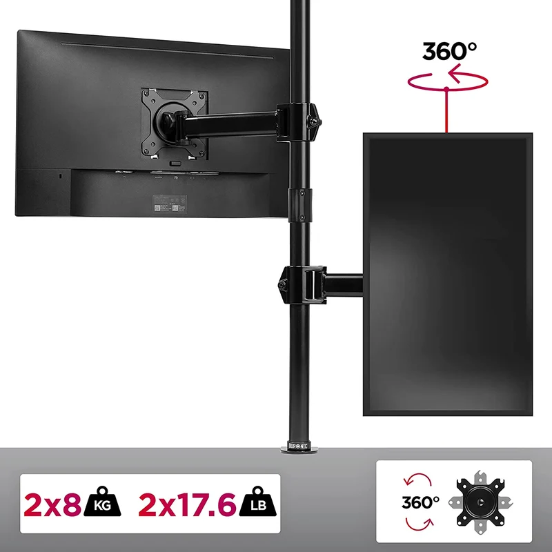 Duronic DMT252VX1 Monitorarm | Vertikale Monitor Halterung 2 Bildschirme bis 27" Zoll | 100 cm Stange | LCD LED Display bis 8 kg | Neigbar -90° bis +85° | Drehbar 360° | Monitorhalterung Tischklemme
