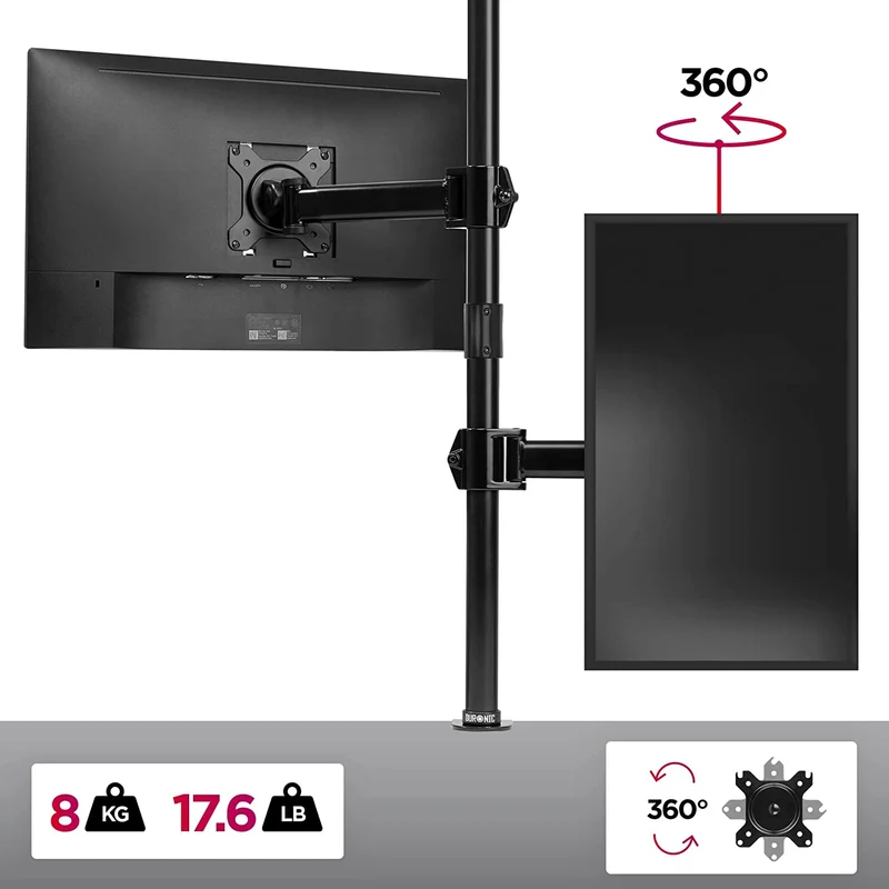 Duronic DMT251X2 Monitorarm | Monitor Halterung Bildschirme bis 27" Zoll | LCD LED Display Ständer bis 8 kg | Höhenverstellbar | Neigbar -90° bis +85° | Drehbar 360° | Monitorhalterung Arm VESA
