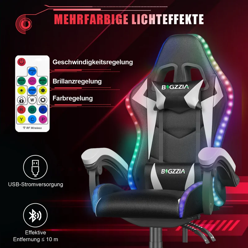 Ergonomisk Spillestol med RGB LED-lys, Tilbagelænet, Nakkestøtte og Lændestøtte Racing Stil