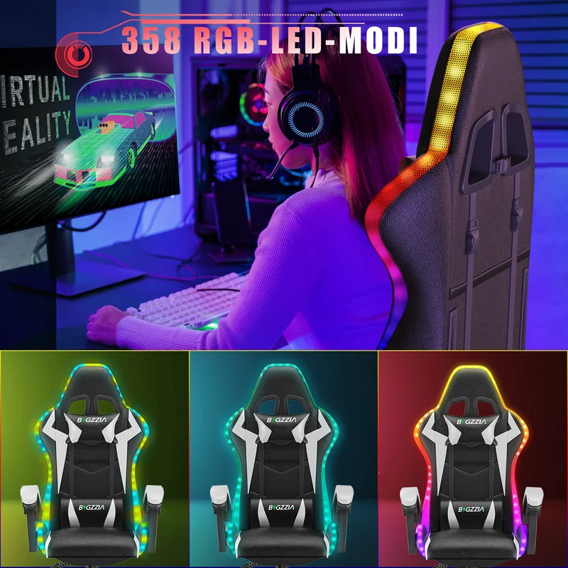 Ergonomisk Spillestol med RGB LED-lys, Tilbagelænet, Nakkestøtte og Lændestøtte Racing Stil