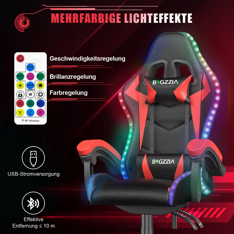 Ergonomisk Spillestol med RGB LED-lys, Tilbagelænet, Nakkestøtte og Lændestøtte Racing Stil