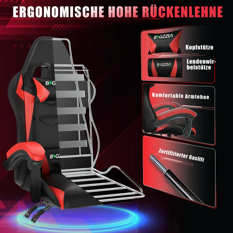 Ergonomisk Spillestol med RGB LED-lys, Tilbagelænet, Nakkestøtte og Lændestøtte Racing Stil