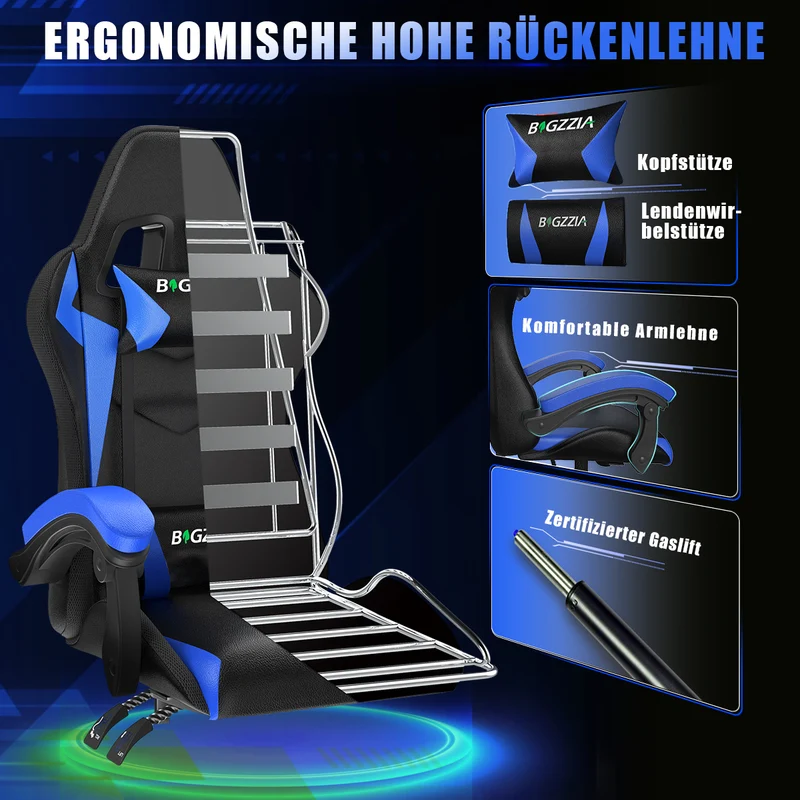 Ergonomisk Spillestol med RGB LED-lys, Tilbagelænet, Nakkestøtte og Lændestøtte Racing Stil