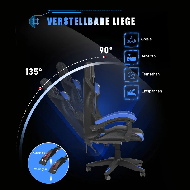Ergonomisk Spillestol med RGB LED-lys, Tilbagelænet, Nakkestøtte og Lændestøtte Racing Stil