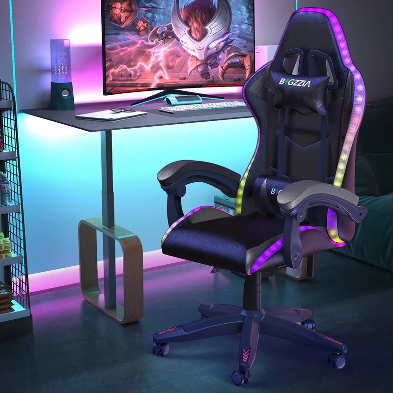 Ergonomisk Spillestol med RGB LED-lys, Tilbagelænet, Nakkestøtte og Lændestøtte Racing Stil