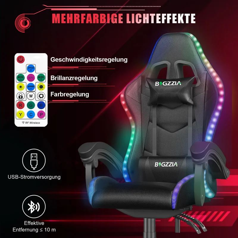 Ergonomisk Spillestol med RGB LED-lys, Tilbagelænet, Nakkestøtte og Lændestøtte Racing Stil