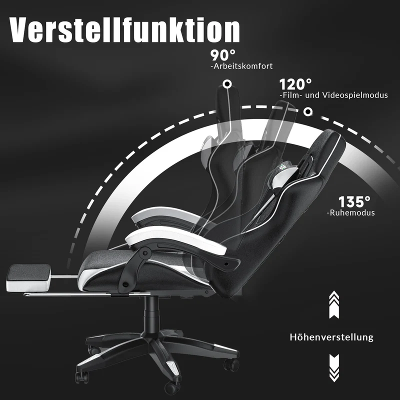 Ergonomischer Gaming-Stuhl, 135° Verstellbarer Drehstuhl mit Kopfstütze, Fußstütze und Lendenwirbelstütze, Bürostuhl aus PU-Leder