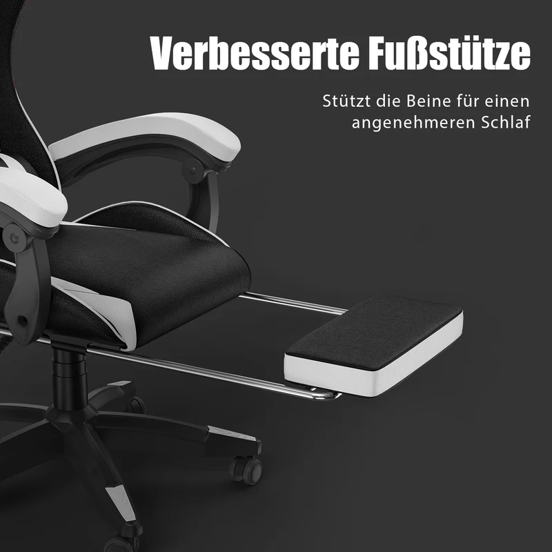 Ergonomischer Gaming-Stuhl, 135° Verstellbarer Drehstuhl mit Kopfstütze, Fußstütze und Lendenwirbelstütze, Bürostuhl aus PU-Leder