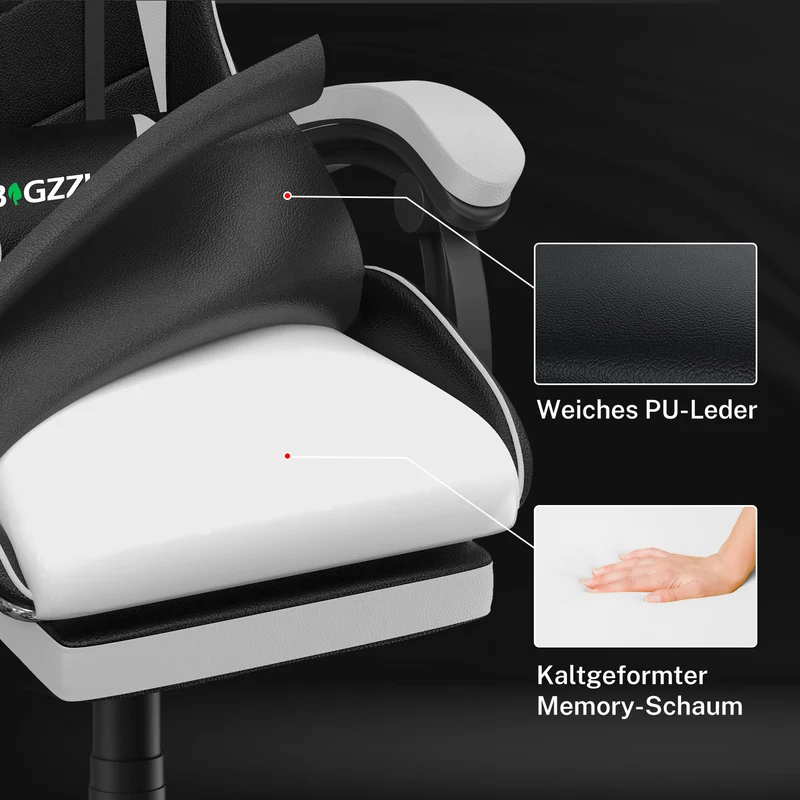 Ergonomischer Gaming-Stuhl, 135° Verstellbarer Drehstuhl mit Kopfstütze, Fußstütze und Lendenwirbelstütze, Bürostuhl aus PU-Leder