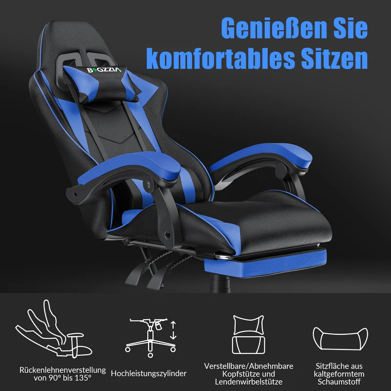 Ergonomischer Gaming-Stuhl, 135° Verstellbarer Drehstuhl mit Kopfstütze, Fußstütze und Lendenwirbelstütze, Bürostuhl aus PU-Leder
