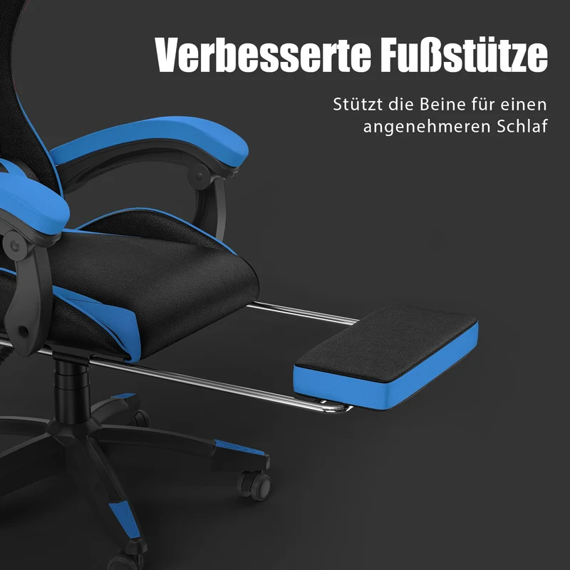 Ergonomischer Gaming-Stuhl, 135° Verstellbarer Drehstuhl mit Kopfstütze, Fußstütze und Lendenwirbelstütze, Bürostuhl aus PU-Leder