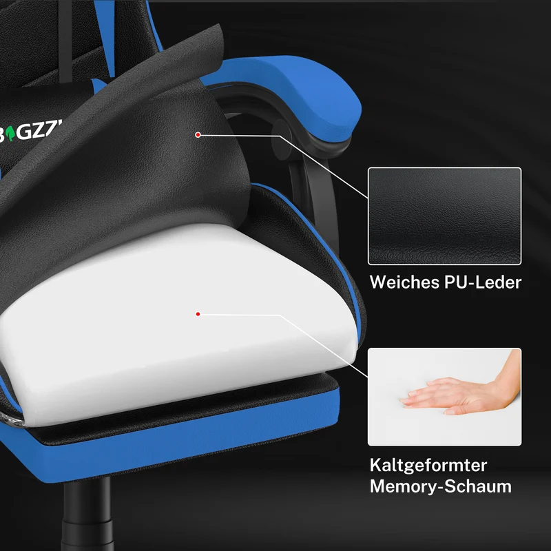 Ergonomischer Gaming-Stuhl, 135° Verstellbarer Drehstuhl mit Kopfstütze, Fußstütze und Lendenwirbelstütze, Bürostuhl aus PU-Leder