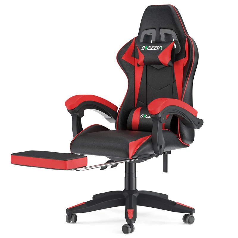 Ergonomischer Gaming-Stuhl, 135° Verstellbarer Drehstuhl mit Kopfstütze, Fußstütze und Lendenwirbelstütze, Bürostuhl aus PU-Leder