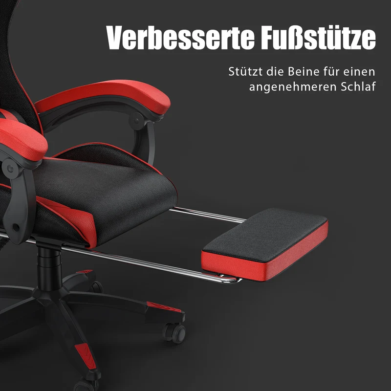 Ergonomischer Gaming-Stuhl, 135° Verstellbarer Drehstuhl mit Kopfstütze, Fußstütze und Lendenwirbelstütze, Bürostuhl aus PU-Leder