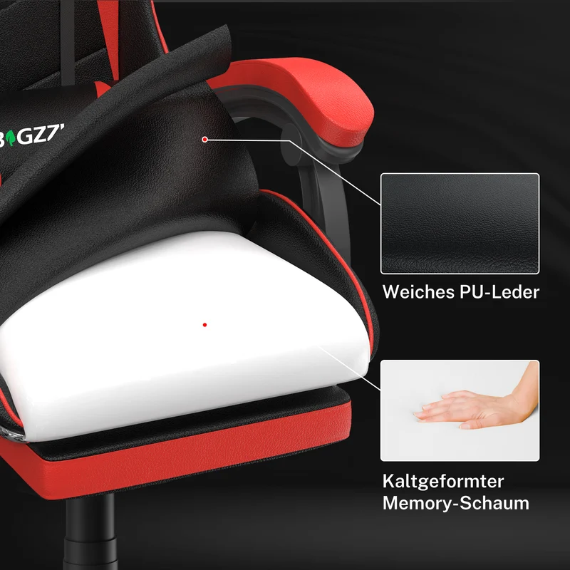Ergonomischer Gaming-Stuhl, 135° Verstellbarer Drehstuhl mit Kopfstütze, Fußstütze und Lendenwirbelstütze, Bürostuhl aus PU-Leder